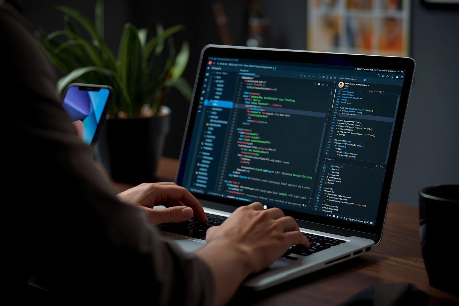 Développement WordPress sur mesure — Illustration Tylias :Développeur web codant un site WordPress sur mesure sur ordin…