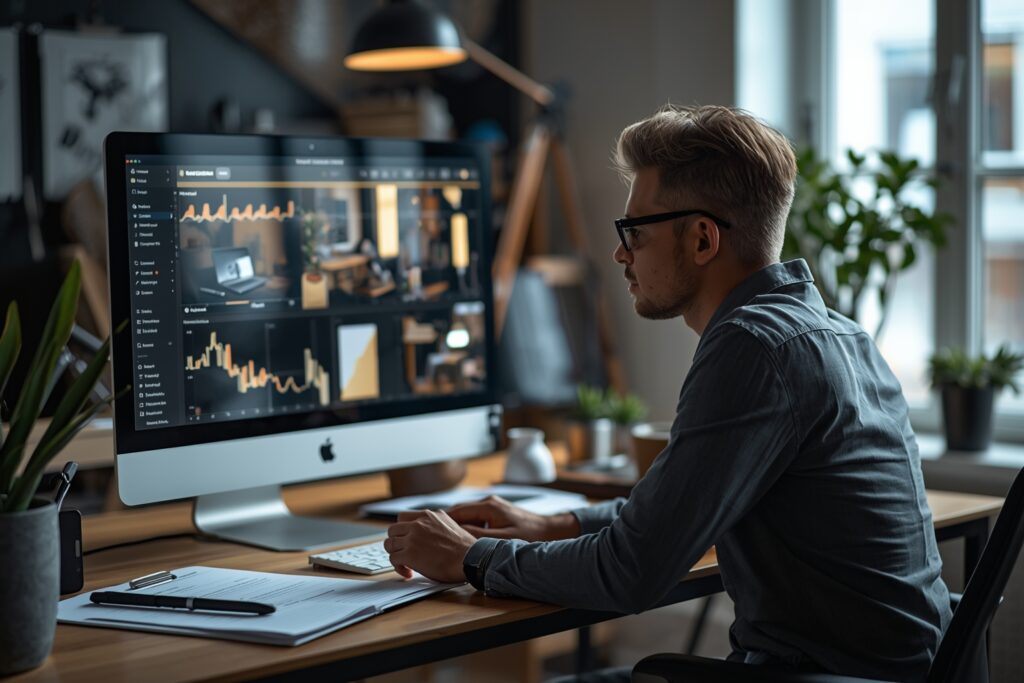 UI/UX Design — Illustration Tylias :Designer UI/UX travaillant sur une interface web moderne dans un atelier lumineux