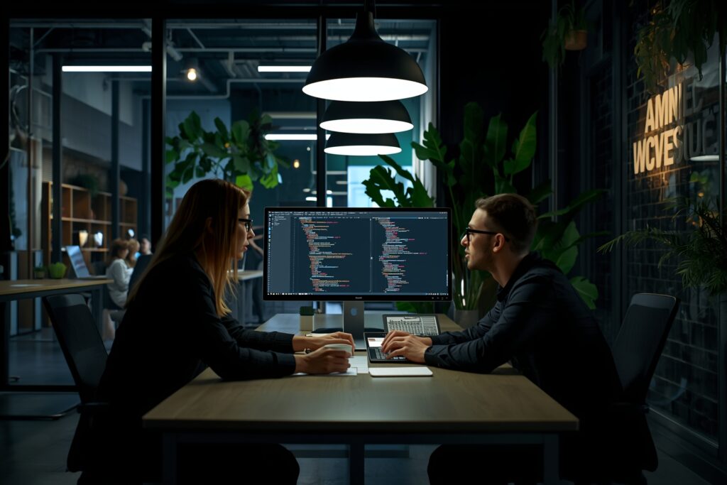 Illustration Tylias :Équipe de développeurs web travaillant sur un projet de développement web sur mesure, avec des écrans affichant du code et des wireframes interactifs
