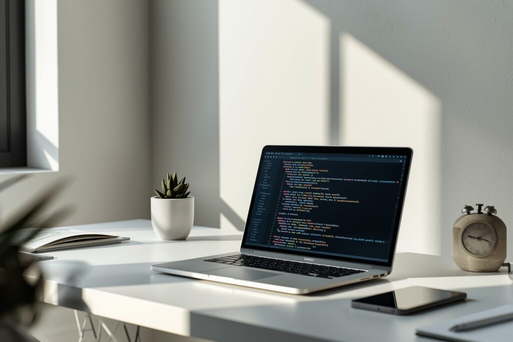 Illustration Tylias :Illustration d'un développement web sur mesure avec un ordinateur portable affichant du code.
