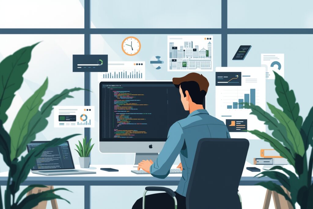 Illustration Tylias :Illustration d'un développeur en pleine séance de développement web sur mesure, entouré de schémas d'architecture et de composants UI/UX