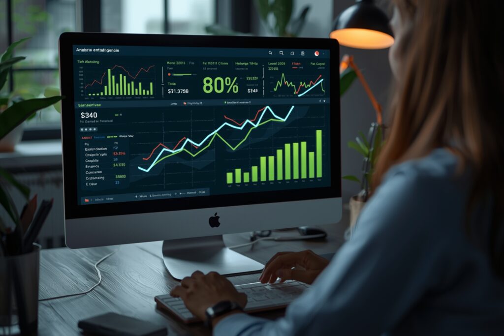 Illustration Tylias :Visualisation des données SEO montrant la croissance des leads sur un ordinateur portable.