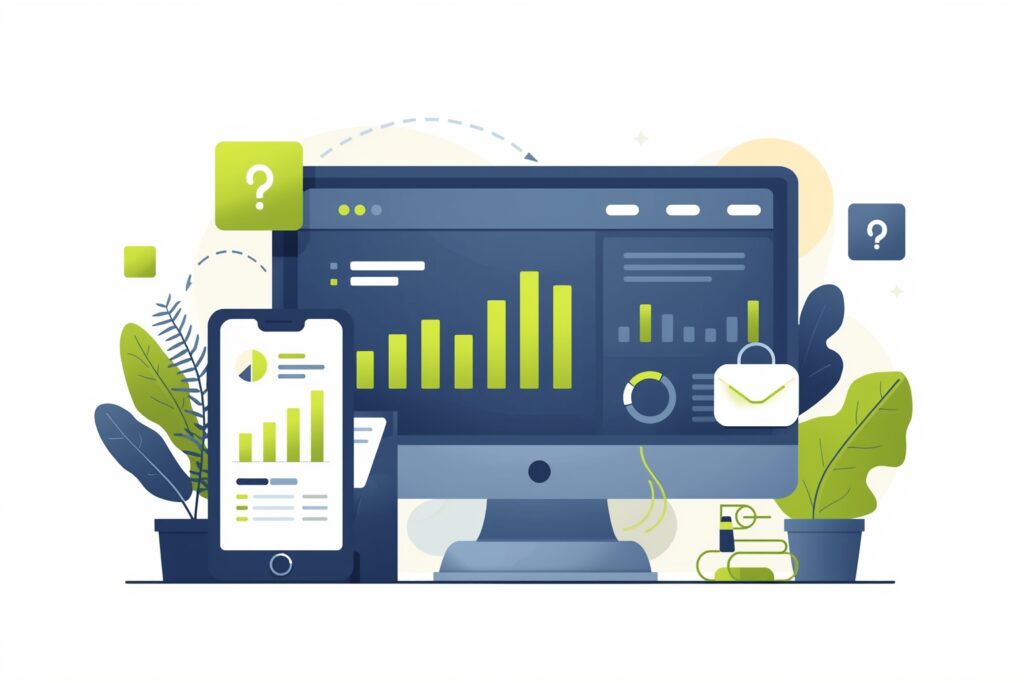 Illustration Tylias :Tableau de bord montrant les performances d'une stratégie e-commerce gagnante avec indicateurs de conversion, trafic et panier moyen