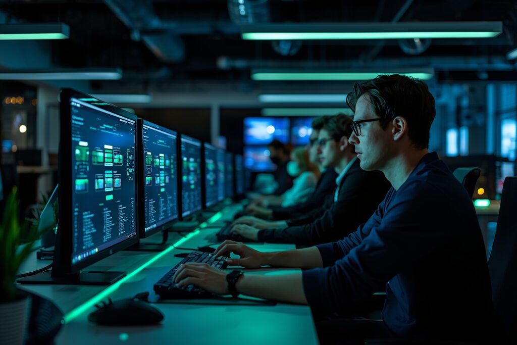 Illustration Tylias :Équipe de développeurs web travaillant à des ordinateurs dans un espace de travail moderne, écrans affichant des interfaces web sur mesure
