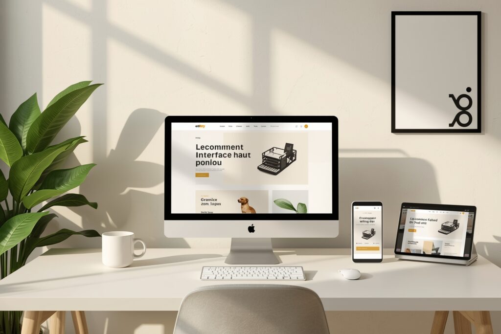 Illustration Tylias :Interface de création boutique e-commerce affichée sur plusieurs écrans dans un bureau moderne