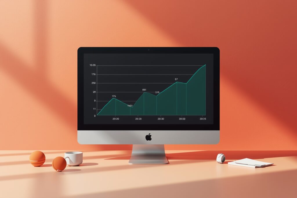 Illustration Tylias :Interface e-commerce avec graphique de taux de conversion s'affichant sur un écran d'ordinateur portable, style premium sans texte ni logo