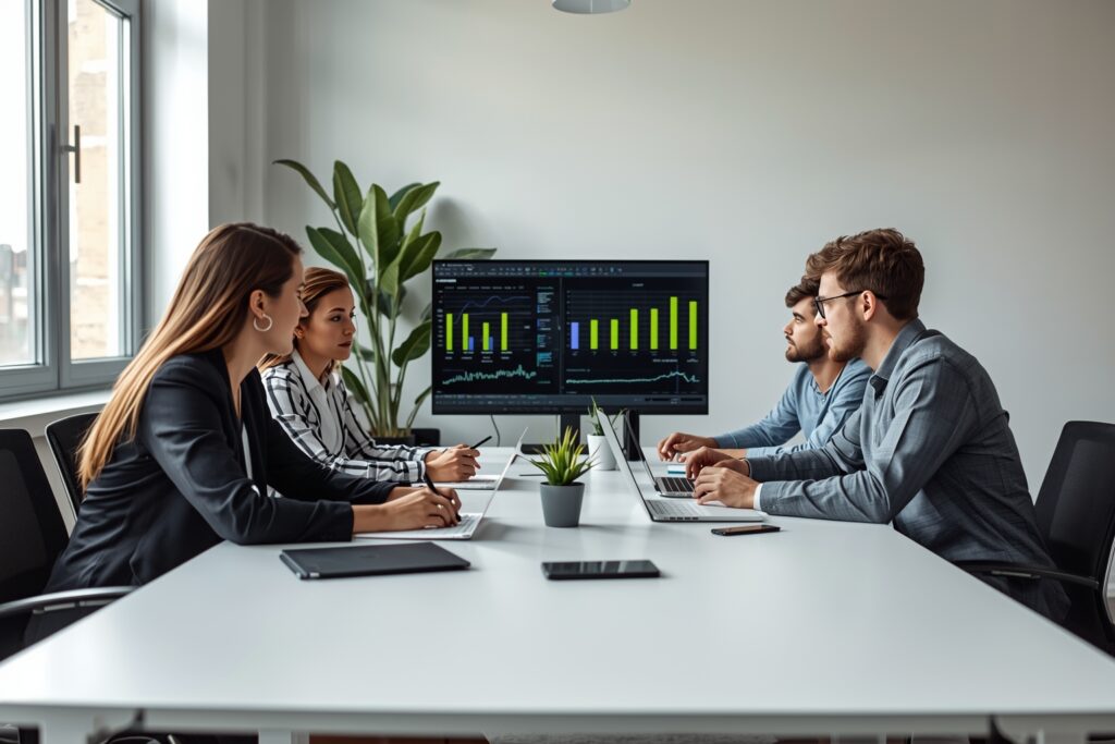 Illustration Tylias :Équipe travaillant sur l’optimisation SEO avec des graphiques et données en arrière-plan