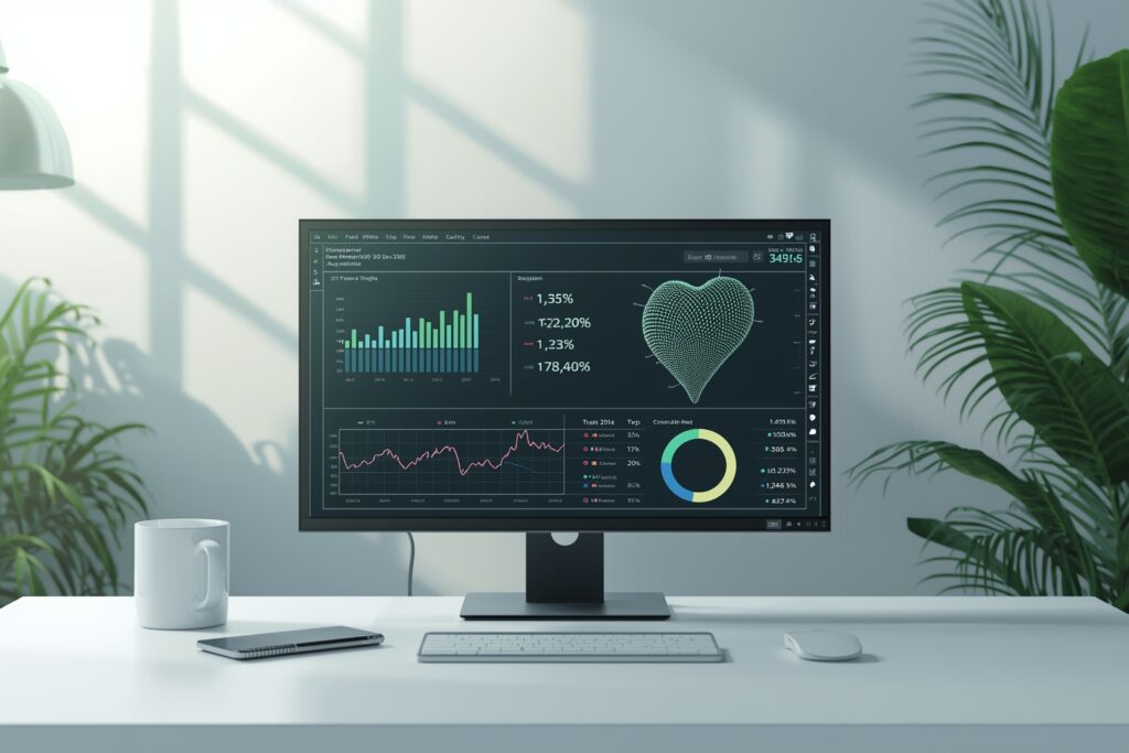 Illustration Tylias :Visualisation de données de trafic SEO sur un tableau de bord numérique avec un globe et des graphiques, design moderne et épuré