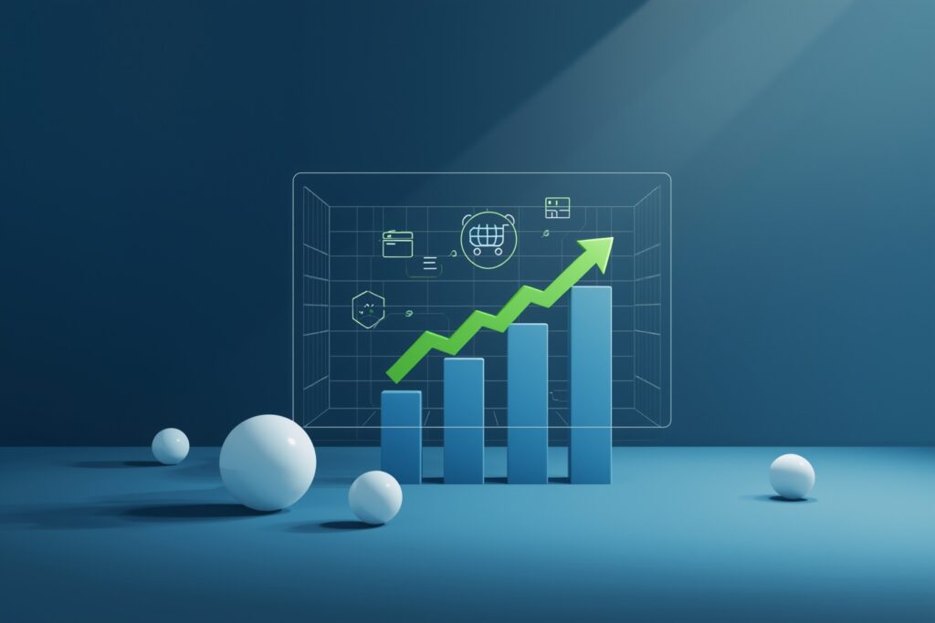 Illustration Tylias :Entonnoir de conversion e-commerce illustré avec des données et des icônes numériques