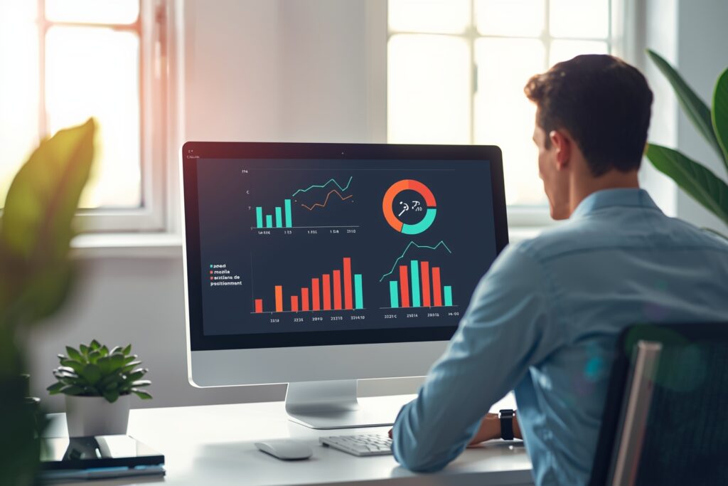 Illustration Tylias :Professionnel analysant des données SEO sur un ordinateur