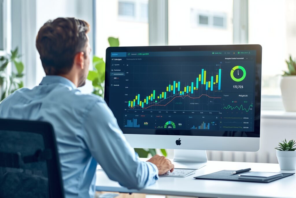 Illustration Tylias :Analyste interprétant des données de trafic SEO sur un écran d'ordinateur