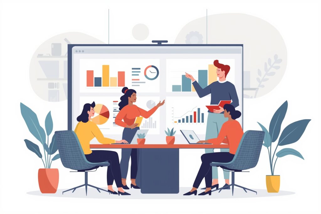 Illustration Tylias :UI/UX Design pour interfaces modernes : équipe collaborative autour de maquettes et indicateurs de performance